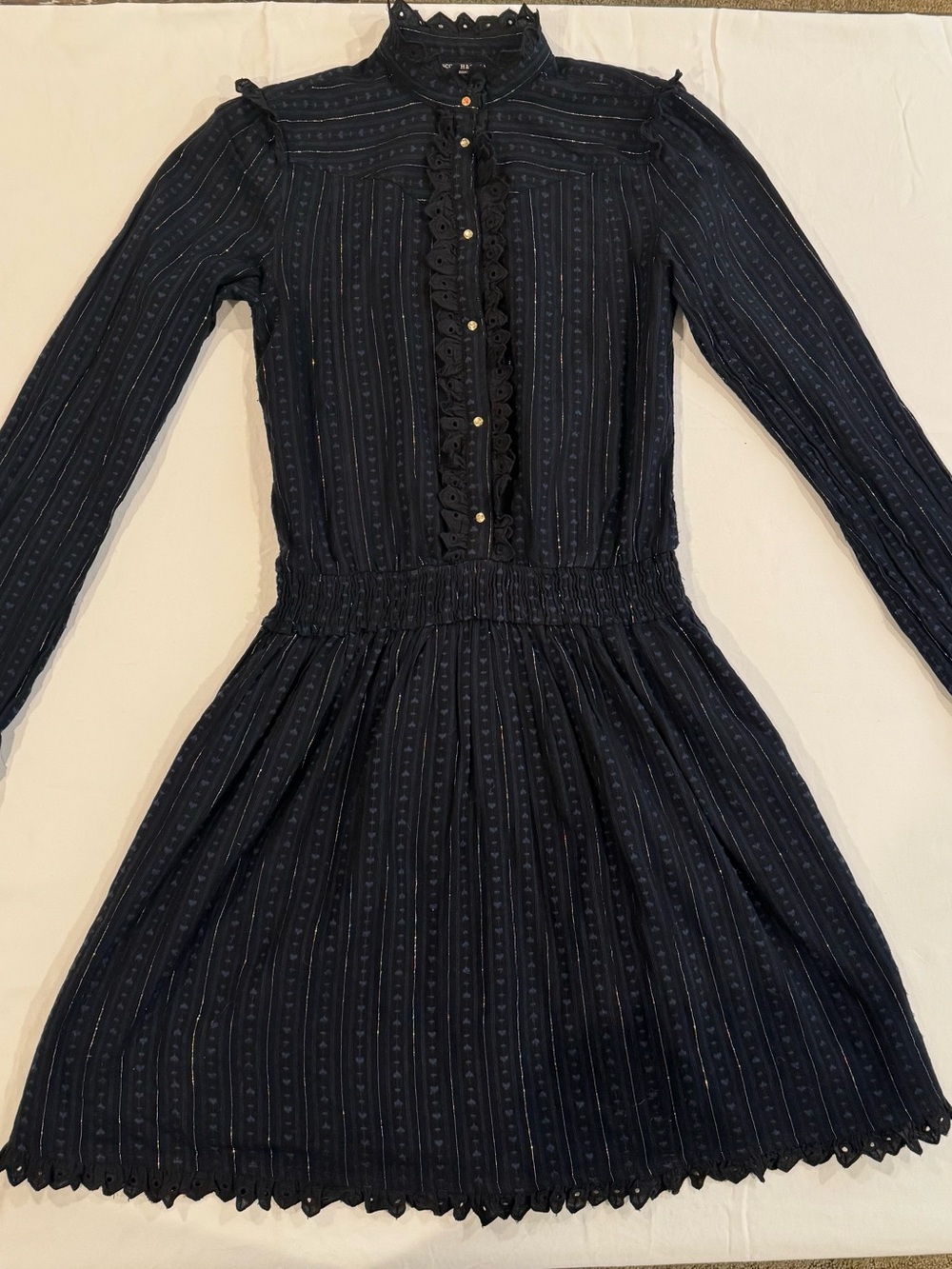 Scotch & Soda Amsterdams Blauw Lurex Striped Eyelet Ruffle Dress Black Size 16